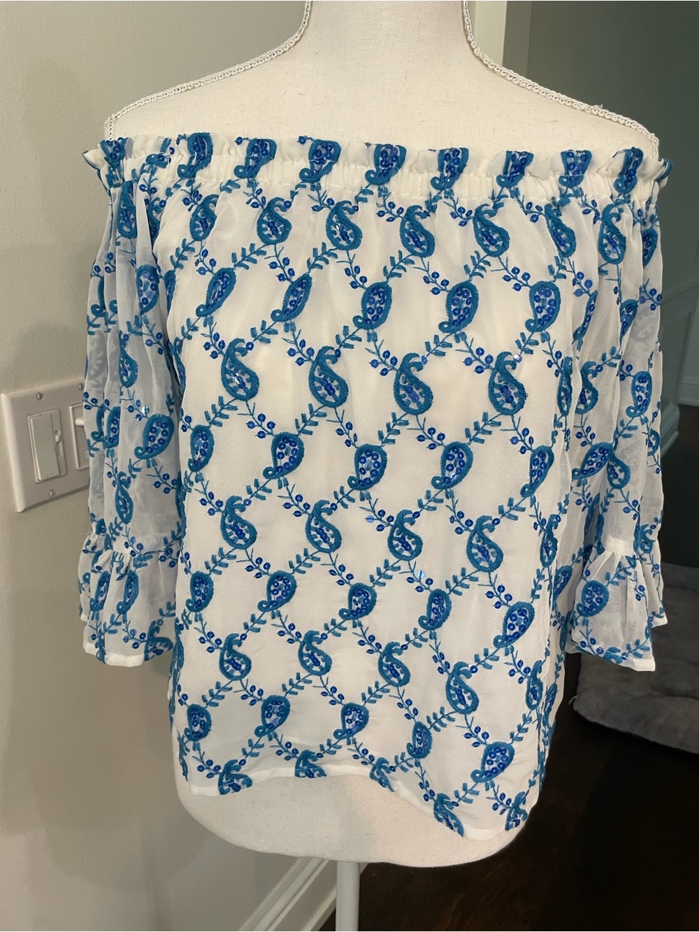 Lilly Pulitzer White Off-Shoulder Blouse with Blue Paisley Embroidery